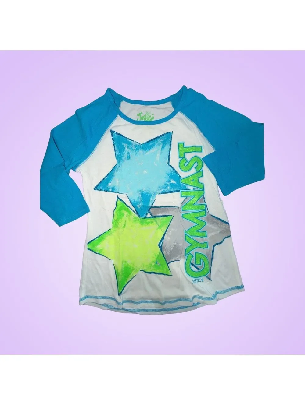 Justice Girls Size 10 Gymnast Star Glitter Raglan Baseball Shirt | Blue Green